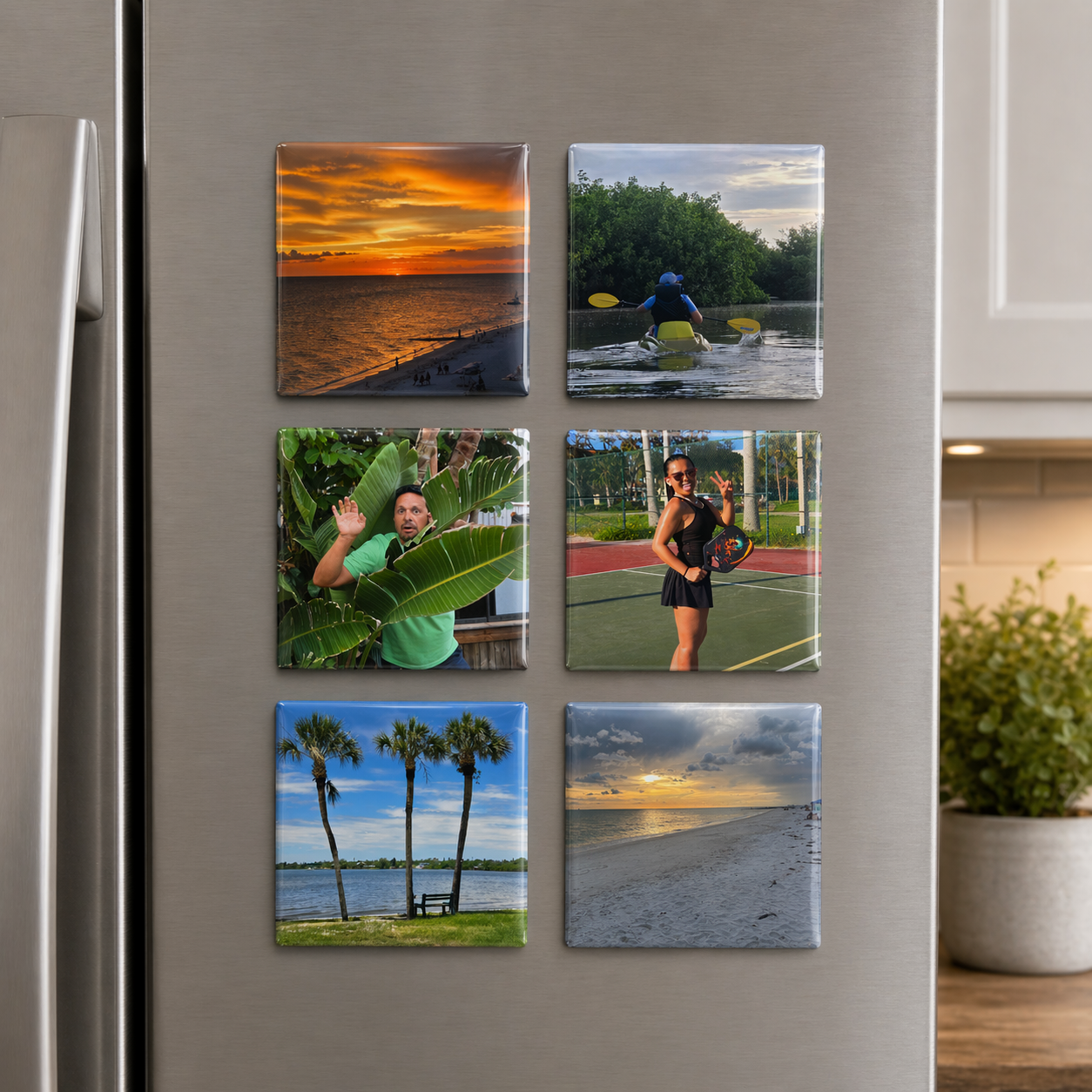 Collection of six photo magnets on a refrigerator with various scenes.